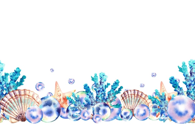 Photo bordure homogène de bulles, coquilles, coraux et étoiles de mer illustration à l'aquarelle sur un fond isolé perles de mer au fond de l'océan