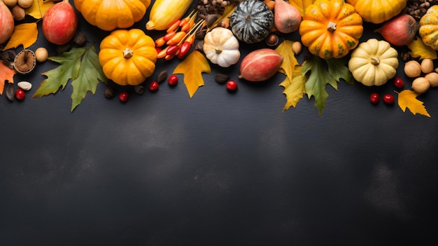 Bordure latérale de récolte d'automne avec des feuilles de citrouilles