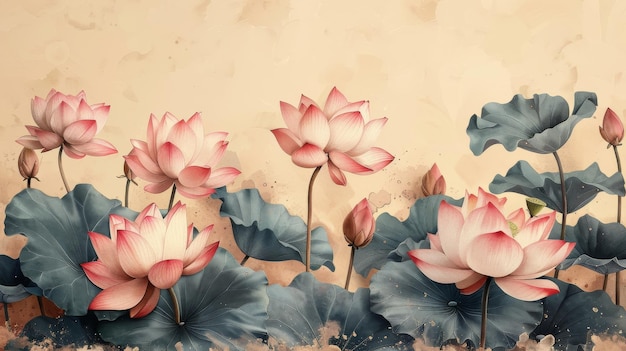 La bordure de lotus rose est une illustration botanique à l'aquarelle