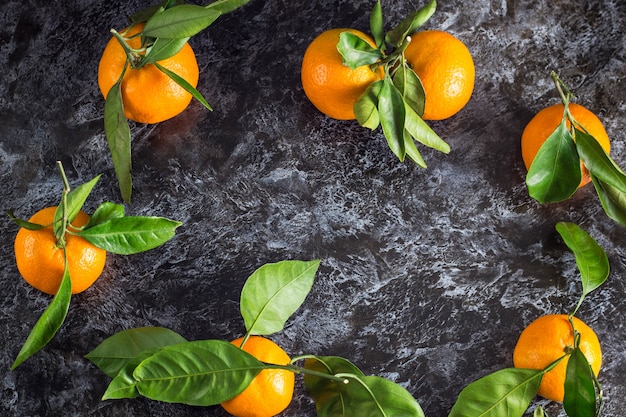 Bordure de mandarines orange avec des feuilles vertes sur noir