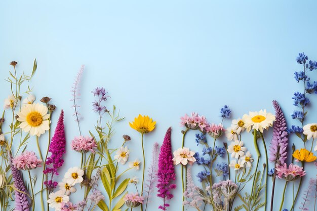 bordure de motif de fleurs sauvages sur fond pastel mise à plat avec espace de copie