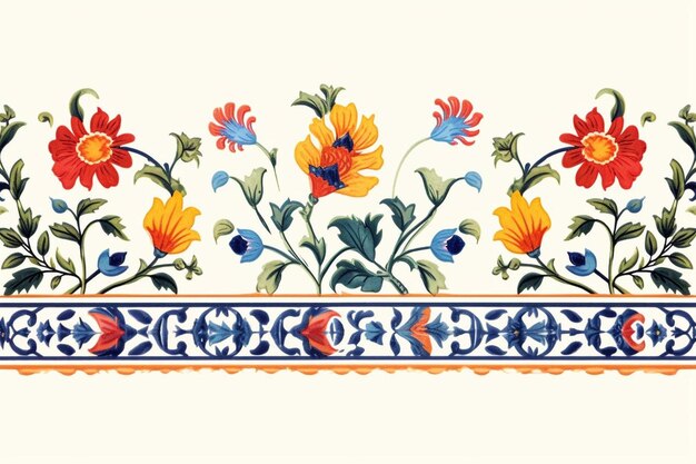 bordure à motif moghol coloré et design de bouquet de fleurs numérique illustration de stock textile