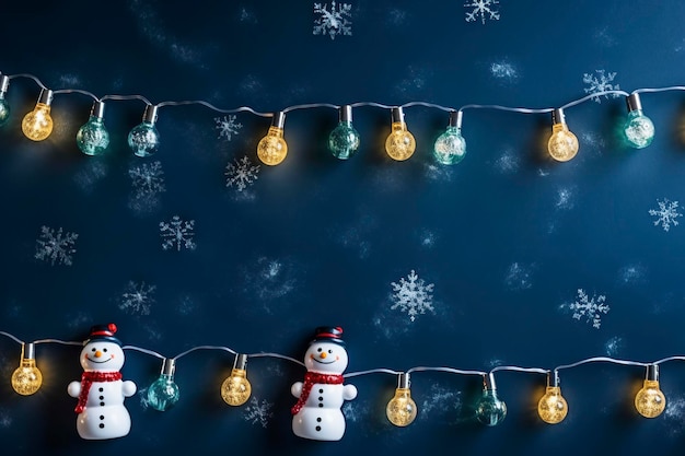 une bordure de Noël colorée avec un bonhomme de neige de gui et de petites lampes sur fond bleu marine tumblr