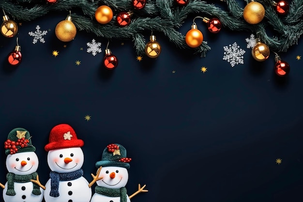 une bordure de Noël colorée avec un bonhomme de neige de gui et de petites lampes sur fond bleu marine tumblr