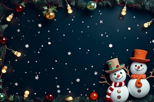 une bordure de Noël colorée avec un bonhomme de neige de gui et de petites lampes sur fond bleu marine tumblr