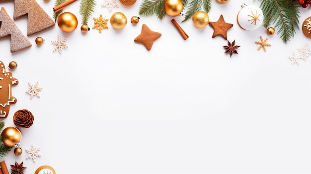 Une bordure de Noël colorée avec du pain de gingembre, des feuilles de pin, de petites lampes.