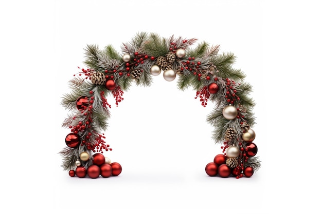 Bordure de Noël en forme d'arche large isolée sur blanc composée de branches et d'ornements de sapin frais