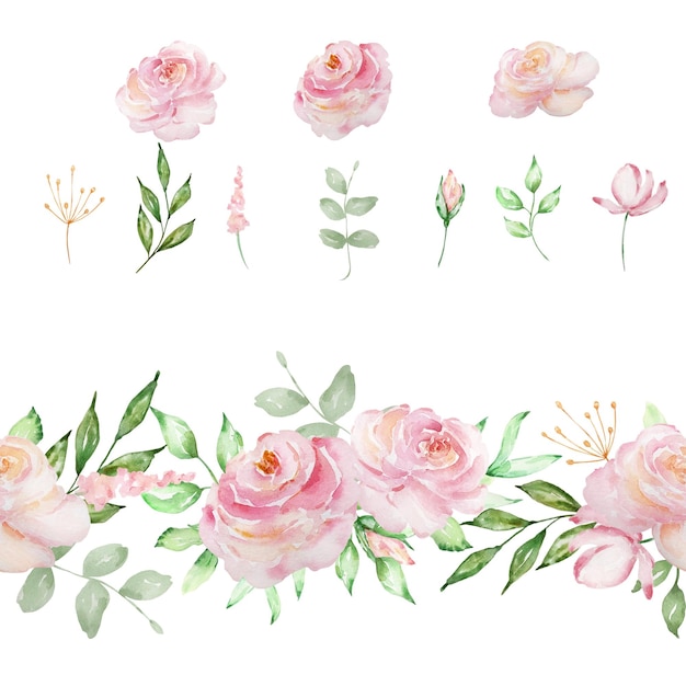 Bordure sans couture avec aquarelle rouge roses roses fleurs et feuilles