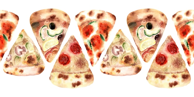 Bordure transparente aquarelle avec différents types de pizza fraîche. Ingrédients en détail