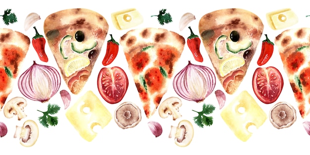 Bordure transparente aquarelle avec différents types de pizza fraîche. Ingrédients en détail