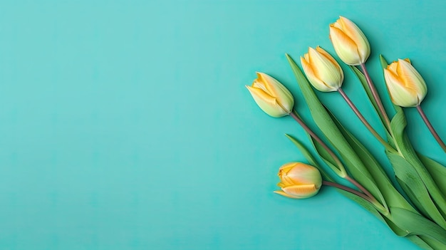 Bordure de tulipes avec espace de copie sur un fond coloré Belle composition de cadre de fleurs de printemps AI générative