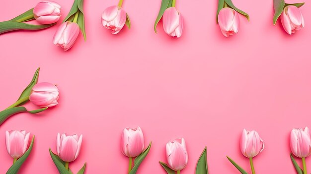 Bordure de tulipes avec espace de copie sur un fond coloré Belle composition de cadre de fleurs de printemps AI générative