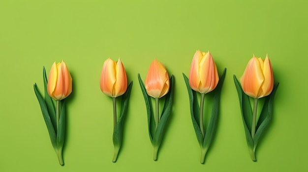 Bordure de tulipes avec espace de copie sur un fond coloré Belle composition de cadre de fleurs de printemps AI générative