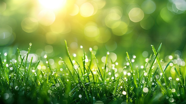 Bordure verte d'herbe avec une goutte d'eau, de la lumière du soleil et du bokeh