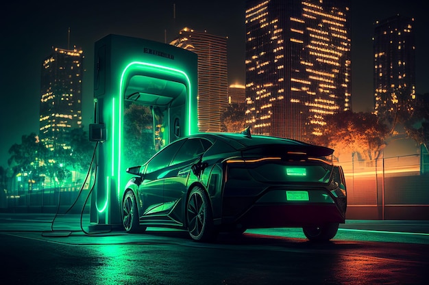 Borne de recharge EV pour voiture électrique dans le concept d'énergie verte Créé avec la technologie Generative AI