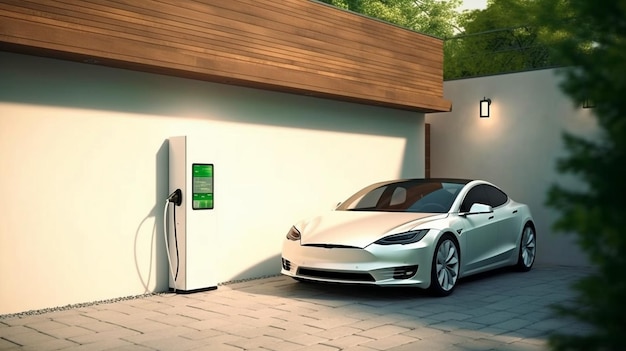 Borne de recharge murale AI générative et recharge de voiture électrique dans le garage de la maison