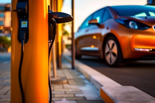 Une borne de recharge pour véhicule électrique avec une voiture garée dans la rue.