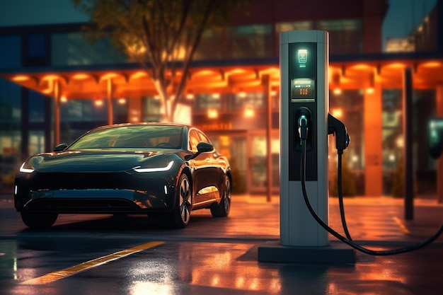 Une borne de recharge publique avec voiture électrique se recharge avec Generative AI