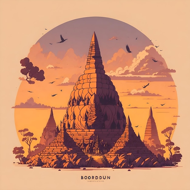 Borobudur avec un design de tshirt fond coucher de soleil