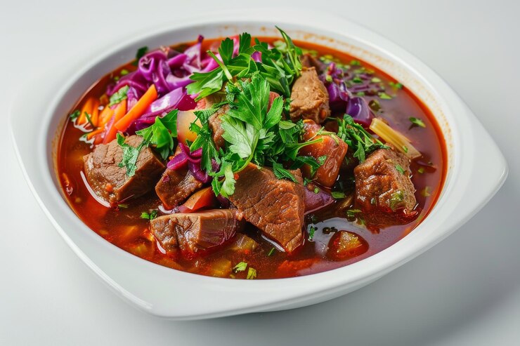 Photo borscht borsch traditionnel ukrainien avec de fines tranches de lard salé sur du pain noir à la crème aigre