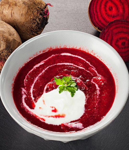 Photo borscht rouge betterave avec de la crème sure et du persil