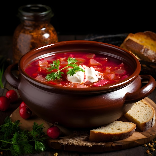 Borscht traditionnel ukrainien sur la table avec du pain