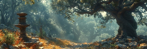 Un bosquet mystique de druides avec d'anciens arbres, des autels en pierre et des énergies magiques.