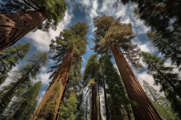 Photo bosquet de séquoias majestueux avec un ciel bleu clair et des nuages moelleux au-dessus