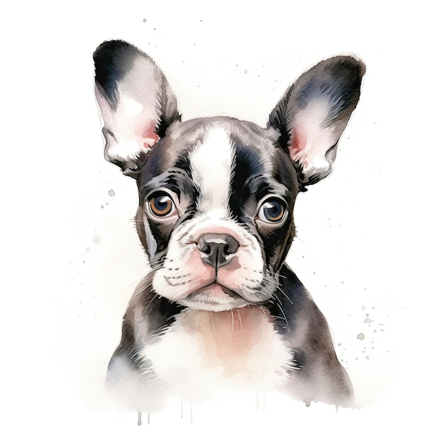Boston terrier chiot Illustration numérique aquarelle stylisée d'un chien mignon avec de grands yeux bruns