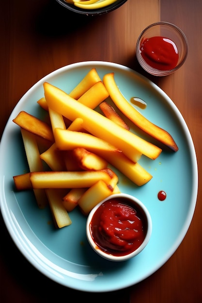 Bote de Ketchup con manos y boca qui se come a une patata frita con la mano en la mesa