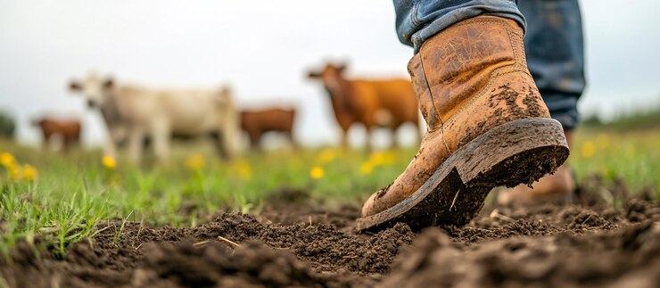 Photo des bottes boueuses dans un ranch, un gros plan d'un fermier qui marche dans le champ.