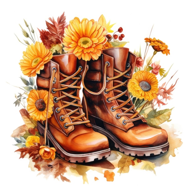 Des bottes brunes aquarelles avec des feuilles et des fleurs d'automne sur un fond blanc AI générative
