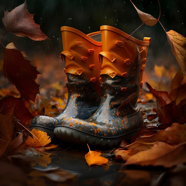 Des bottes en caoutchouc dans la pluie d'automne