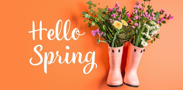 Photo des bottes en caoutchouc avec des fleurs sur un fond orange le concept du printemps et du jardinage