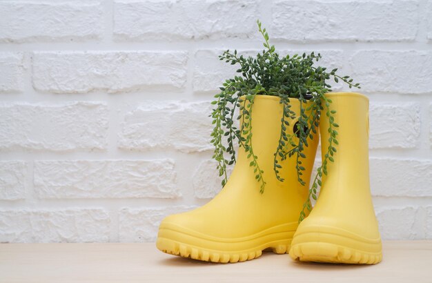 Bottes en caoutchouc jaune avec fleur verte contre un mur de briques blanches