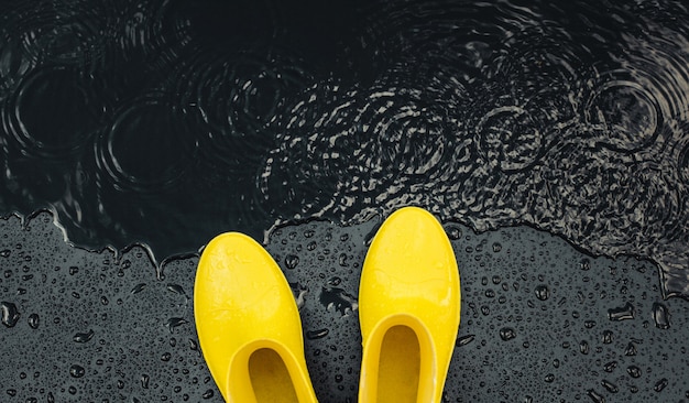 Bottes En Caoutchouc Jaune Vif Pour Femmes Sous Les Gouttes De Pluie Sur Fond Noir