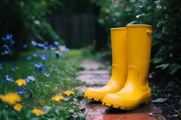 Des bottes en caoutchouc jaunes dans le jardin avec des fleurs