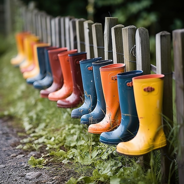 Des bottes en caoutchouc multicolores sont accrochées à une clôture en bois Clôture en bois avec galoches