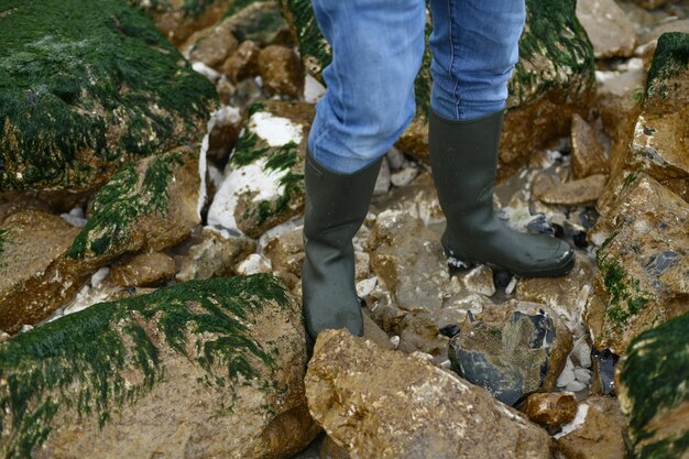 Bottes en caoutchouc sur des pierres avec des algues dans l'océan