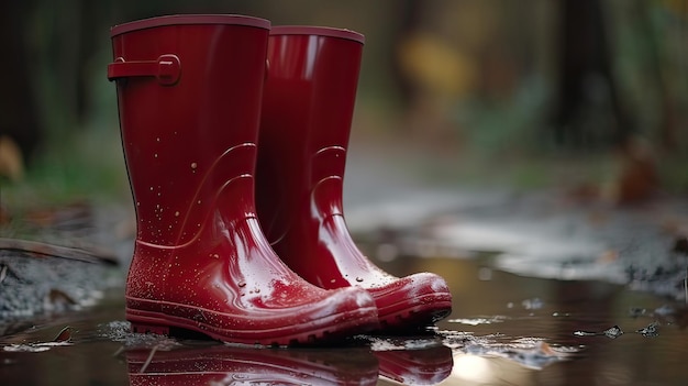 des bottes en caoutchouc rouges dans les flaques d'eau et les marécages génèrent de l'IA