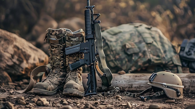 Les bottes, le casque et le fusil d'un soldat sont posés sur le sol devant un grand rocher.