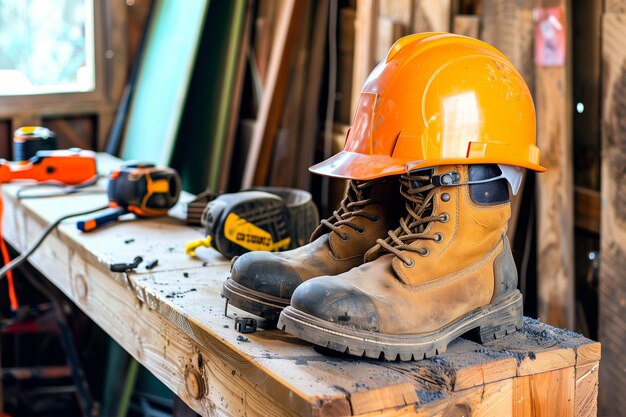 Photo des bottes avec un chapeau dur sur le dessus sur un banc de travail