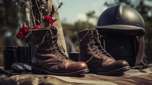Bottes de combat avec casque, chaussures militaires, équipement, jour commémoratif