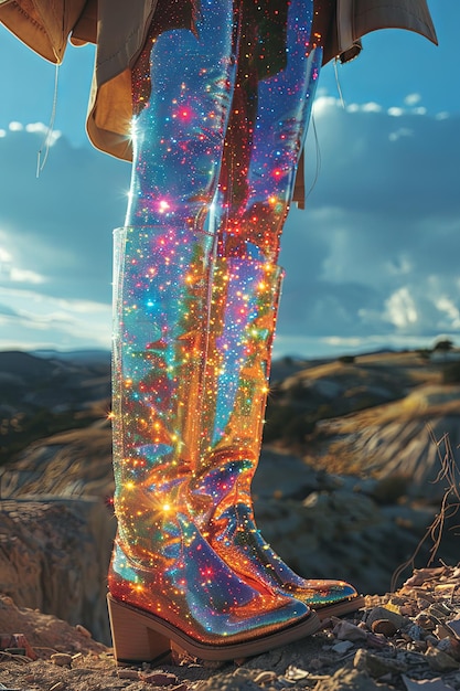 Des bottes cosmiques étincelantes dans un paysage montagneux