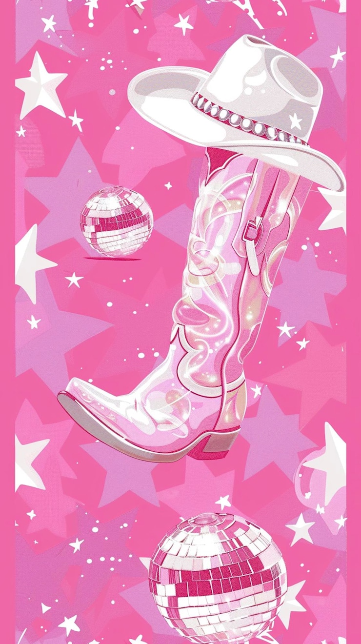 Photo des bottes de cow-boy à la cerise, des motifs esthétiques, une cow-girl rose coquette, des bottes et un chapeau sans couture.