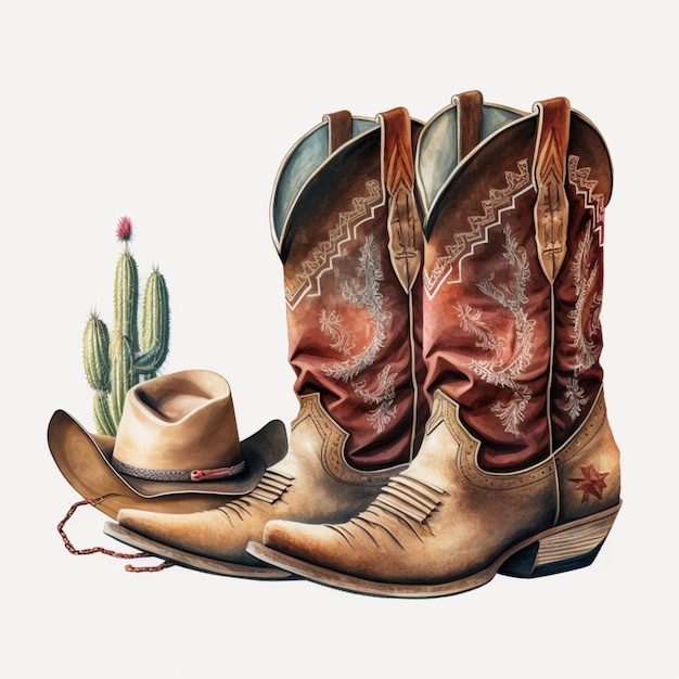 Des bottes de cow-boy et un chapeau sont assis à côté d'une ai générative de cactus