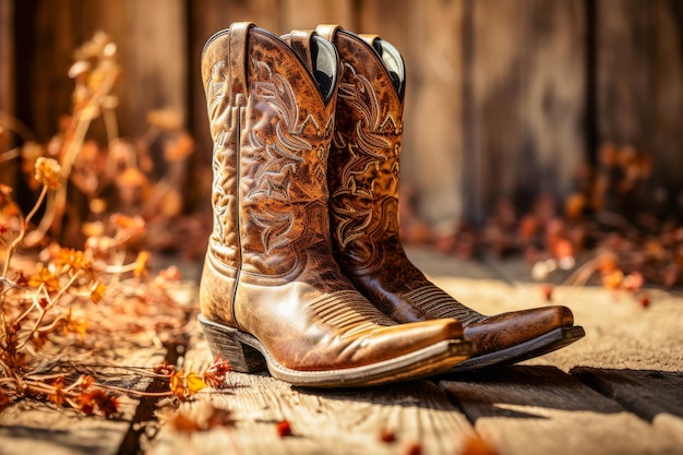 Photo des bottes de cow-boy élégantes sur fond de bois au milieu des feuilles d'automne