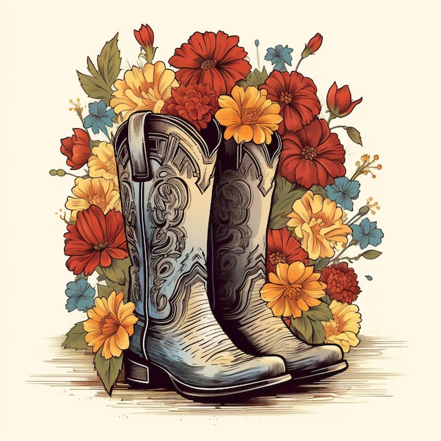 bottes de cow-boy avec des fleurs et une croix sur le côté générative ai