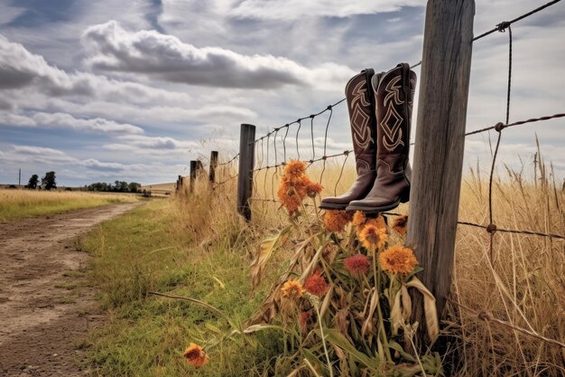 Bottes de cow-boy sur un poteau de clôture dans un cadre rural créé avec une IA générative