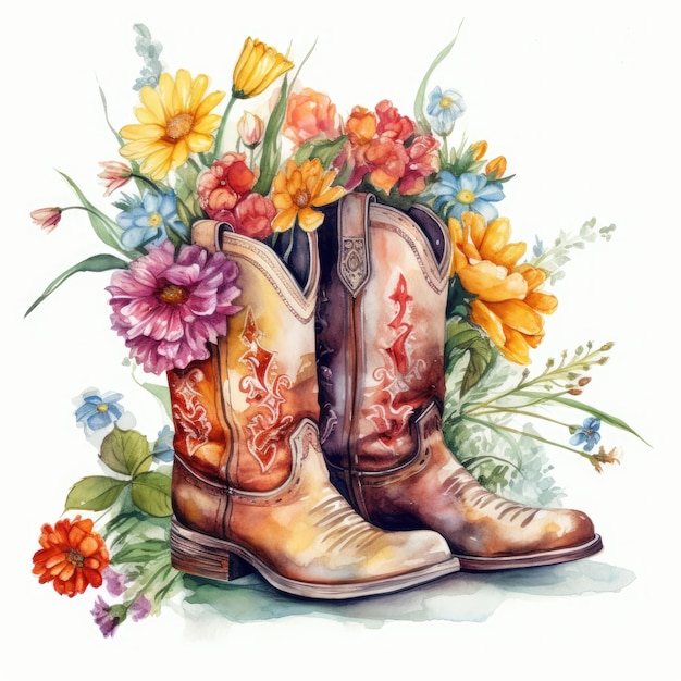 Bottes de cow-boy remplies de fleurs sauvages Aquarelle sur fond blanc